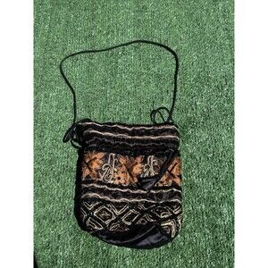 Black Velvet Orange Beaded Hand Stitched Crossbody Purse Pull String Pouch EUC